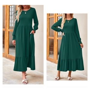 Long Sleeve Crewneck Casual Loose Pleated Tiered Swing Midi Dresses with Pockets